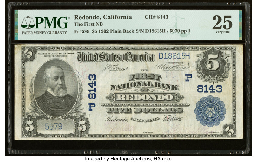image for: Redondo, CA - $5 1902 Plain Back Fr. 599 The First National Bank Ch. #(P)8143 PMG Very Fine 25....