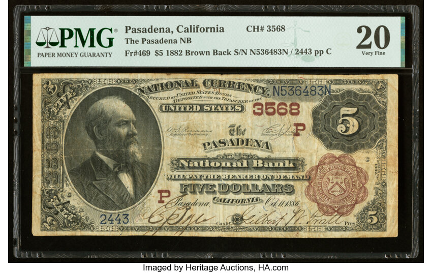image for: Pasadena, CA - $5 1882 Brown Back Fr. 469 The Pasadena National Bank Ch. # (P)3568 PMG Very Fine 20....