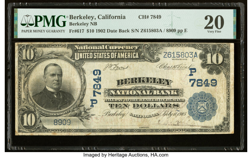 image for: Berkeley, CA - $10 1902 Date Back Fr. 617 Berkeley National Bank Ch. # (P)7849 PMG Very Fine 20....