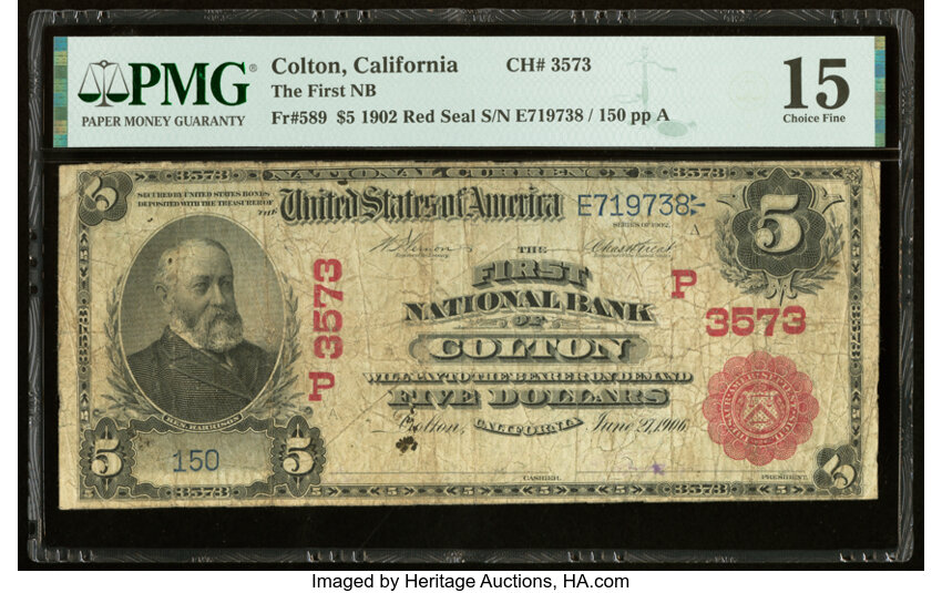 image for: Colton, CA - $5 1902 Red Seal Fr. 589 The First National Bank Ch. # (P)3573 PMG Choice Fine 15....