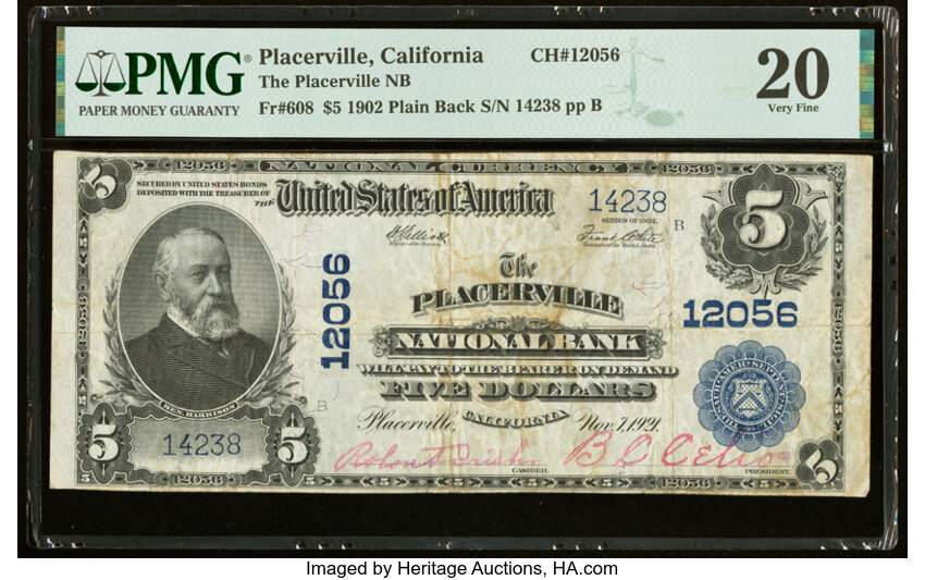 image for: Placerville, CA - $5 1902 Plain Back Fr. 608 The Placerville National Bank Ch. # 12056 PMG Very Fine 20....