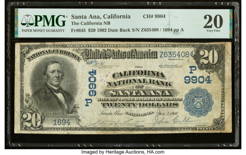 image for: Santa Ana, CA - $20 1902 Date Back Fr. 645 The California National Bank Ch. # (P)9904 PMG Very Fine 20....