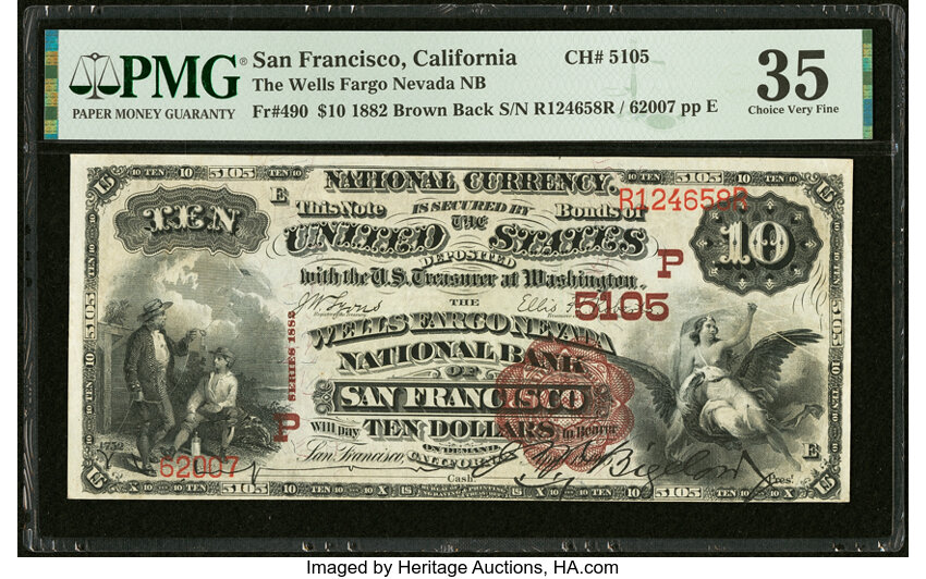 image for: San Francisco, CA - $10 1882 Brown Back Fr. 490 Wells Fargo Nevada National Bank Ch. # (P)5105 PMG Choice Very Fine 35....