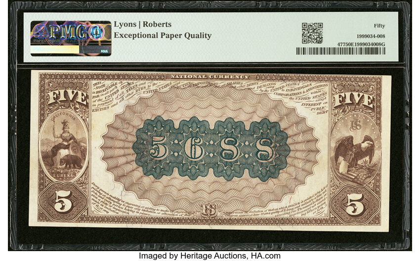 image for: San Francisco, CA - $5 1882 Brown Back Fr. 477 The Western National Bank Ch. # (P)5688 PMG About Uncirculated 50 EPQ....