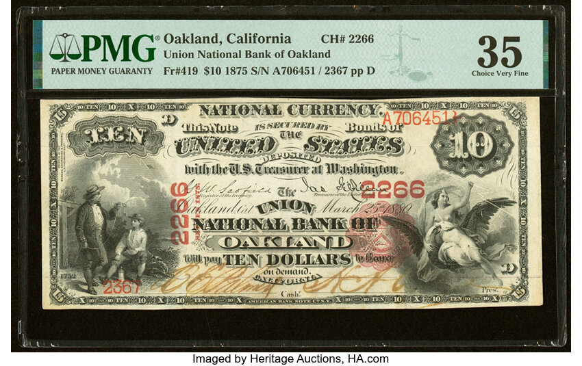 image for: Oakland, CA - $10 1875 Fr. 419 The Union National Bank Ch. # 2266 PMG Choice Very Fine 35....