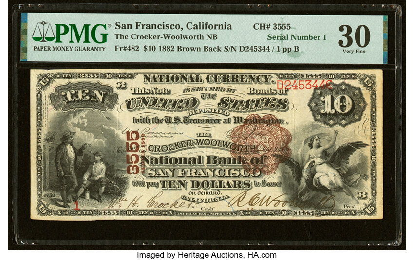 image for: Serial Number 1 San Francisco, CA - $10 1882 Brown Back Fr. 482 The Crocker-Woolworth National Bank Ch. # 3555 PMG Very Fine 3...