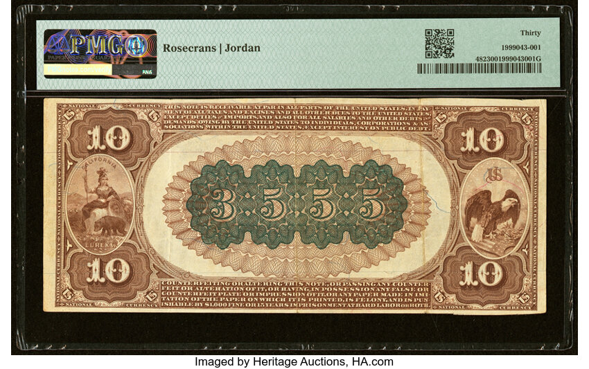 image for: Serial Number 1 San Francisco, CA - $10 1882 Brown Back Fr. 482 The Crocker-Woolworth National Bank Ch. # 3555 PMG Very Fine 3...