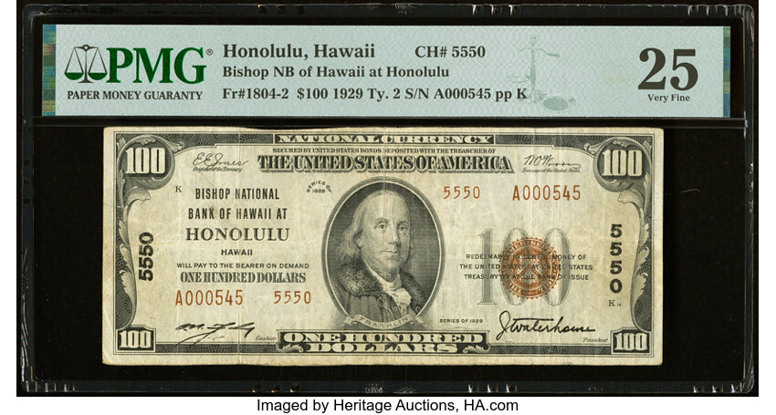image for: Honolulu, HI - $100 1929 Ty. 2 Bishop National Bank of Hawaii at Honolulu Ch. # 5550 PMG Very Fine 25....