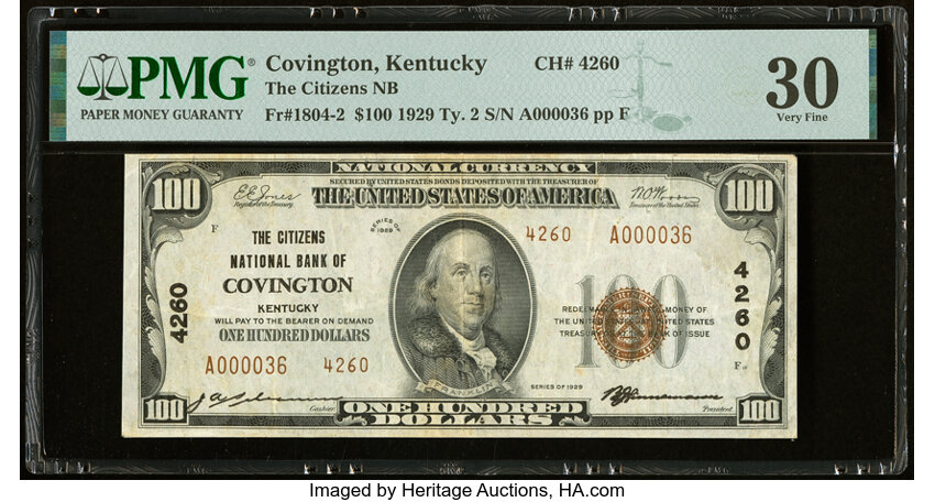 image for: Covington, KY - $100 1929 Ty. 2 The Citizens National Bank Ch. # 4260 PMG Very Fine 30....