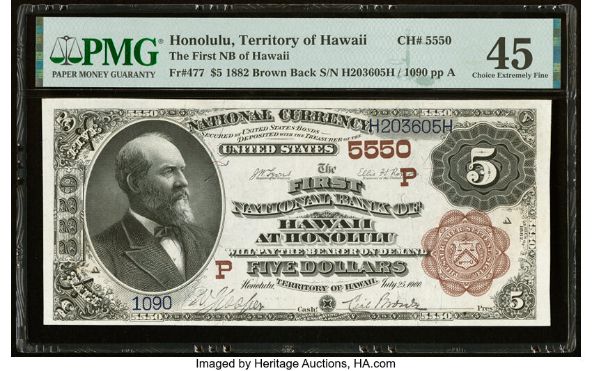 image for: Honolulu, HI - $5 1882 Brown Back Fr. 477 The First National Bank of Hawaii at Honolulu Ch. # (P)5550 PMG Choice Extremely Fin...
