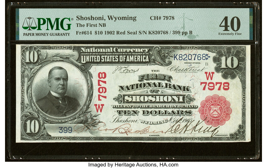 image for: Shoshoni, WY - $10 1902 Red Seal Fr. 614 The First National Bank Ch. # (W)7978 PMG Extremely Fine 40....