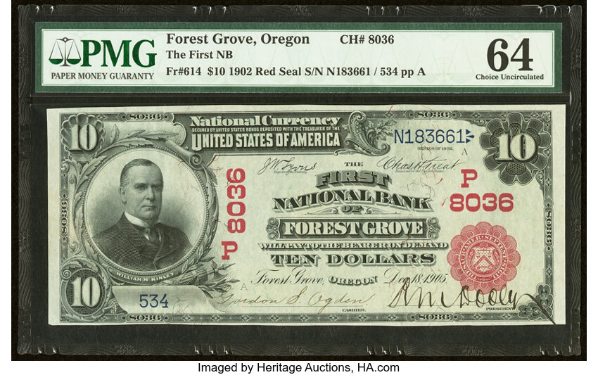 image for: Forest Grove, OR - $10 1902 Red Seal Fr. 614 The First National Bank Ch. # (P)8036 PMG Choice Uncirculated 64....