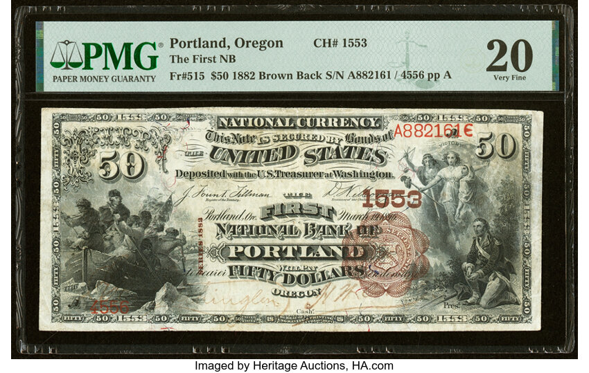 image for: Portland, OR - $50 1882 Brown Back Fr. 515 The First National Bank Ch. # 1553 PMG Very Fine 20....
