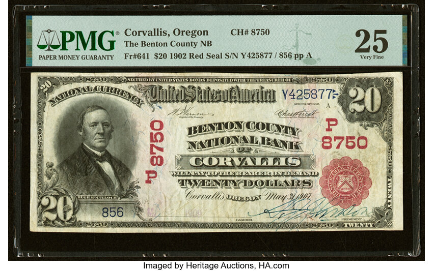 image for: Corvallis, OR - $20 1902 Red Seal Fr. 641 The Benton County National Bank Ch. # (P)8750 PMG Very Fine 25....