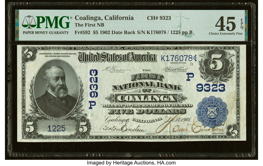 image for: Coalinga, CA - $5 1902 Date Back Fr. 592 The First National Bank Ch. # (P)9323 PMG Choice Extremely Fine 45 EPQ....