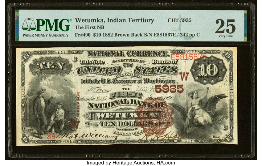 image for: Wetumka, Indian Territory - $10 1882 Brown Back Fr. 490 The First National Bank Ch. # (W)5935 PMG Very Fine 25....