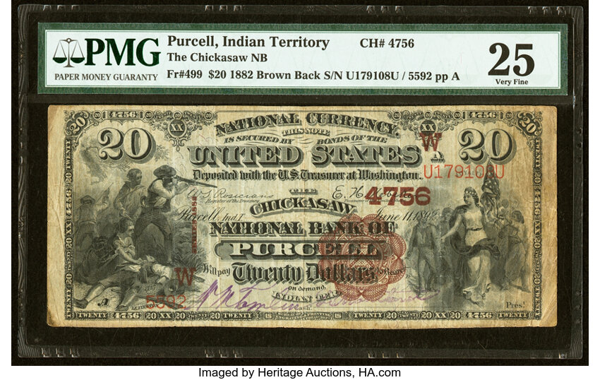 image for: Purcell, Indian Territory - $20 1882 Brown Back Fr. 499 The Chickasaw National Bank Ch. # (W)4756 PMG Very Fine 25....