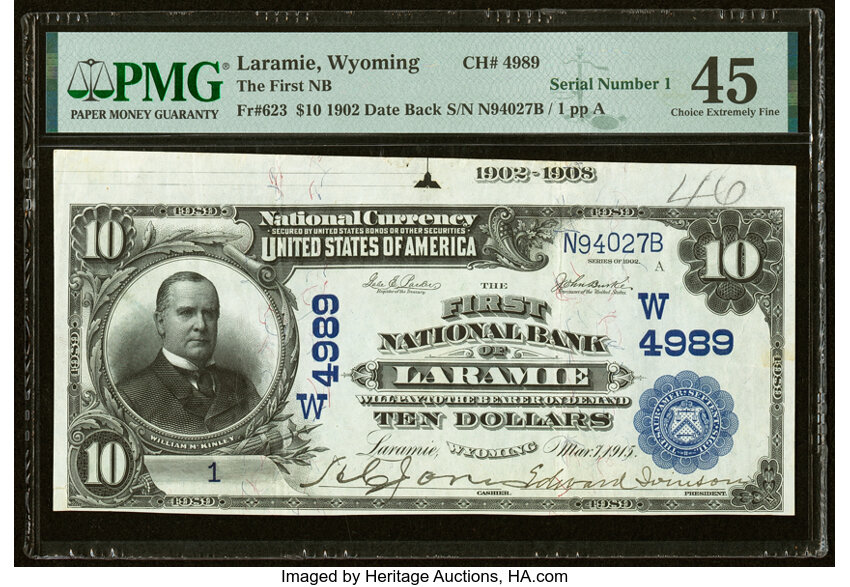 image for: Serial Number 1 Laramie, WY - $10 1902 Date Back Fr. 623 The First National Bank Ch. # (W)4989 PMG Choice Extremely Fine 45....