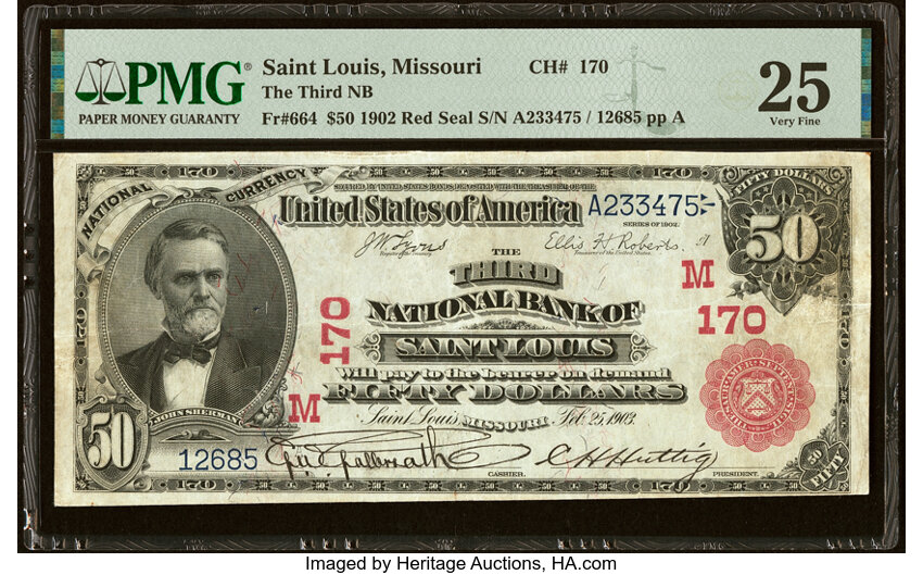 image for: Saint Louis, MO - $50 1902 Red Seal Fr. 664 The Third National Bank Ch. # (M)170 PMG Very Fine 25....