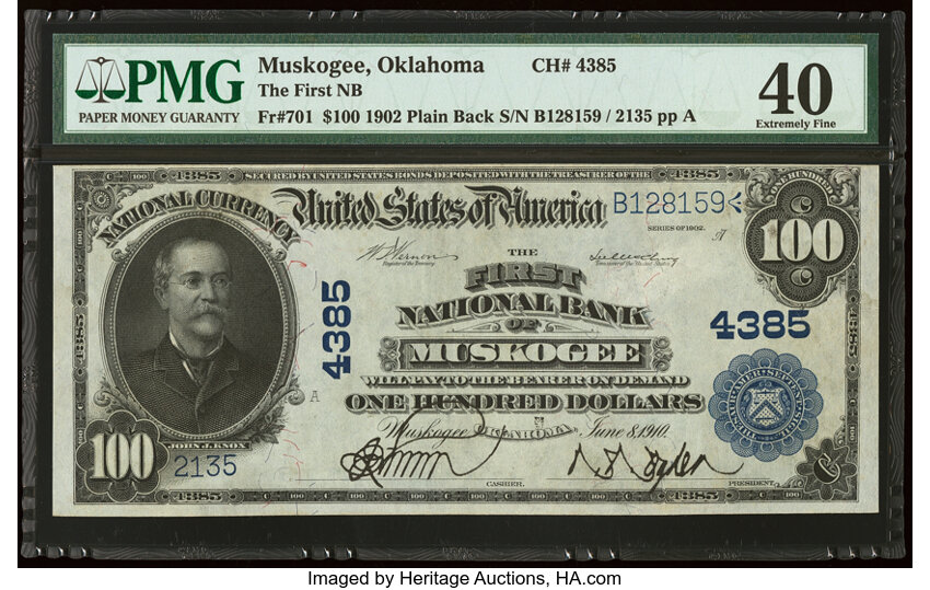 image for: Muskogee, OK - $100 1902 Plain Back Fr. 701 The First National Bank Ch. # 4385 PMG Extremely Fine 40....