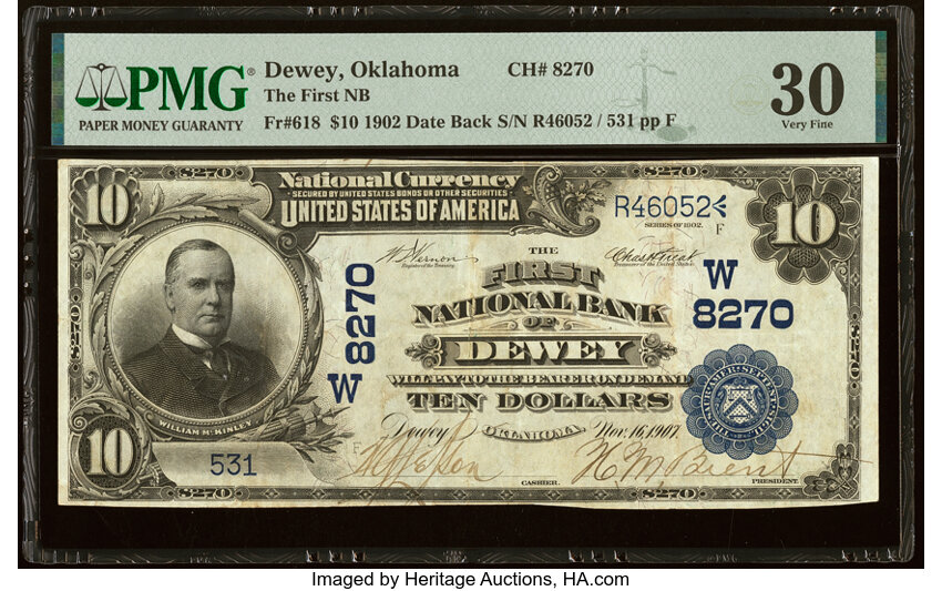 image for: Dewey, OK - $10 1902 Date Back Fr. 618 The First National Bank Ch. # (W)8270 PMG Very Fine 30....