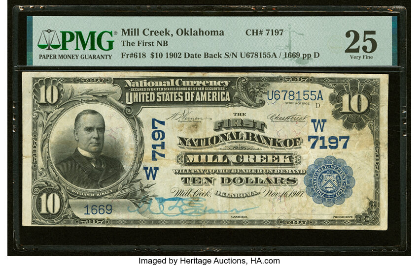 image for: Mill Creek, OK - $10 1902 Date Back Fr. 618 The First National Bank Ch. # (W)7197 PMG Very Fine 25....