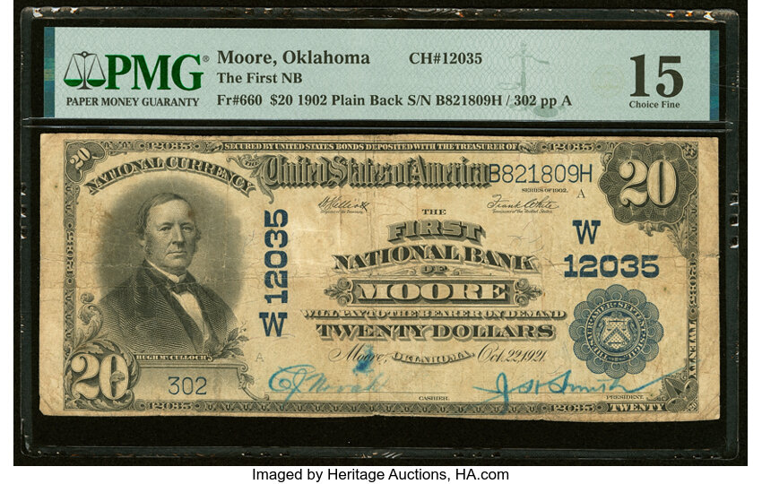 image for: Moore, OK - $20 1902 Plain Back Fr. 660 The First National Bank Ch. # (W)12035 PMG Choice Fine 15....