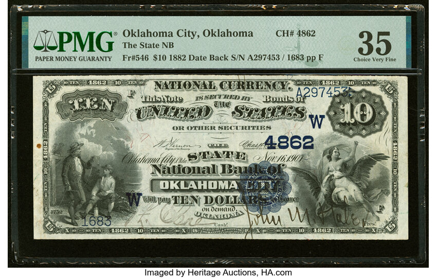 image for: Oklahoma City, OK - $10 1882 Date Back Fr. 546 The State National Bank Ch. # (W)4862 PMG Choice Very Fine 35....