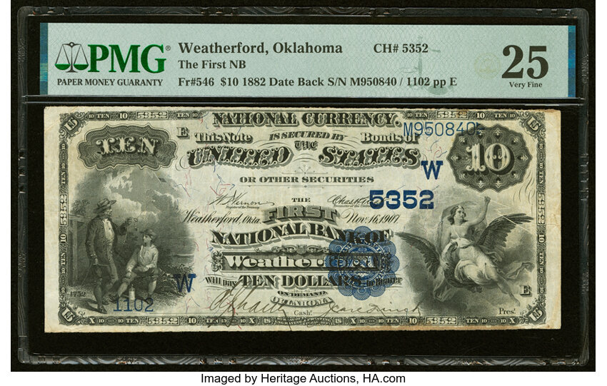 image for: Weatherford, OK - $10 1882 Date Back Fr. 546 The First National Bank Ch. # (W)5352 PMG Very Fine 25....