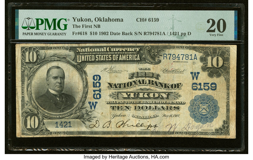 image for: Yukon, OK - $10 1902 Date Back Fr. 618 The First National Bank Ch. # (W)6159 PMG Very Fine 20....
