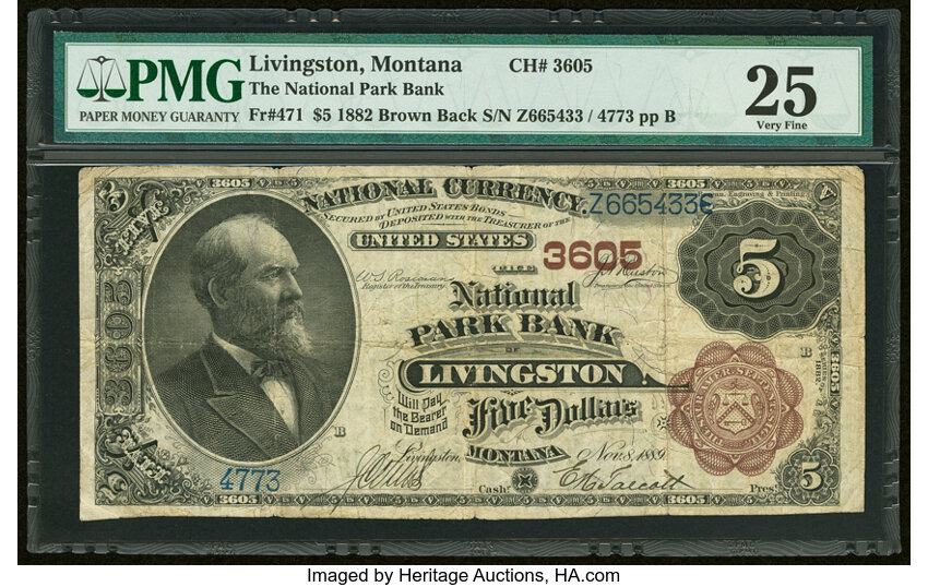 image for: Livingston, MT - $5 1882 Brown Back Fr. 471 The National Park Bank Ch. # 3605 PMG Very Fine 25....
