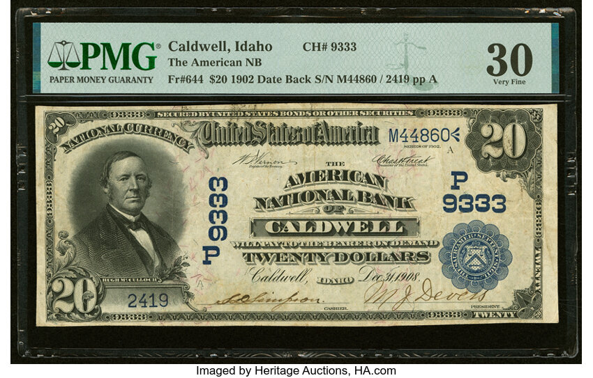 image for: Caldwell, ID - $20 1902 Date Back Fr. 644 The American National Bank Ch. # (P)9333 PMG Very Fine 30....