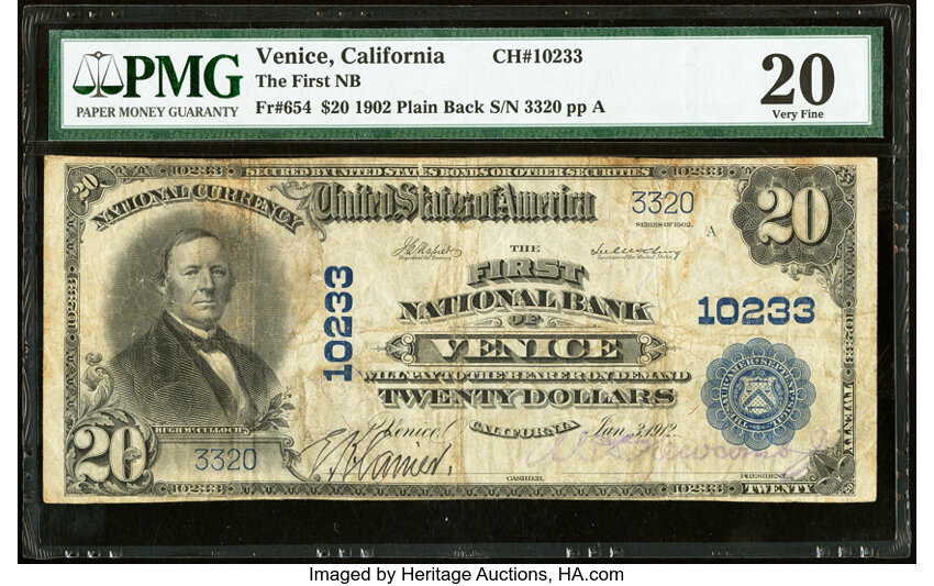 image for: Venice, CA - $20 1902 Plain Back Fr. 654 The First National Bank Ch. # 10233 PMG Very Fine 20....