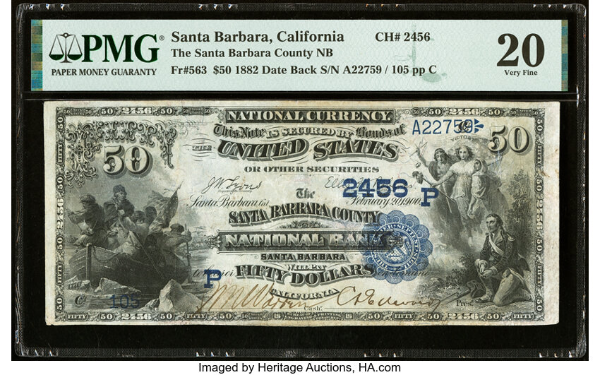 image for: Santa Barbara, CA - $50 1882 Date Back Fr. 563 The Santa Barbara County National Bank Ch. # (P)2456 PMG Very Fine 20....