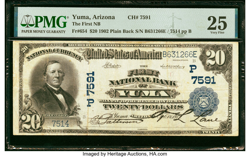image for: Yuma, AZ - $20 1902 Plain Back Fr. 654 The First National Bank Ch. # (P)7591 PMG Very Fine 25....