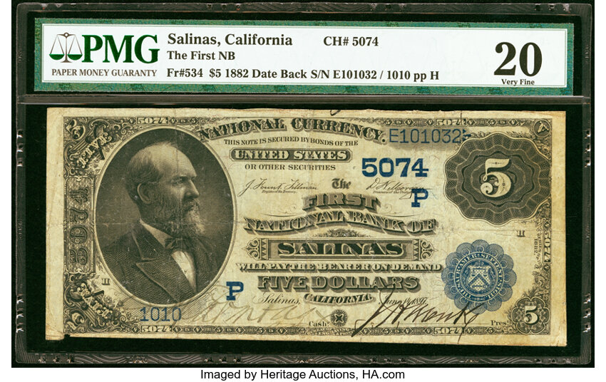 image for: Salinas, CA - $5 1882 Date Back Fr. 534 The First National Bank Ch. # (P)5074 PMG Very Fine 20....
