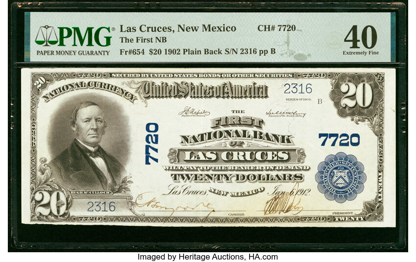 image for: Las Cruces, NM - $20 1902 Plain Back Fr. 654 The First National Bank Ch. # 7720 PMG Extremely Fine 40....