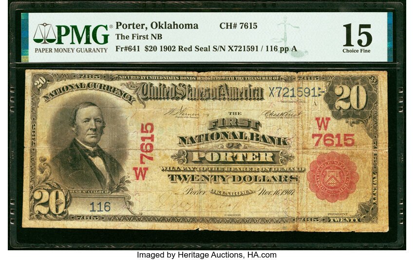 image for: Porter, OK - $20 1902 Red Seal Fr. 641 The First National Bank Ch. # (W)7615 PMG Choice Fine 15....