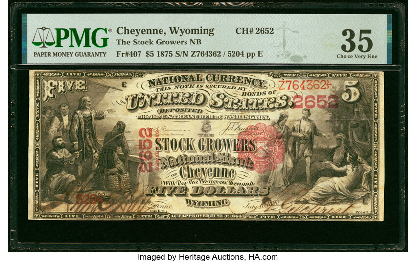image for: Cheyenne, WY - $5 1875 Fr. 407 The Stock Growers National Bank Ch. # 2652 PMG Choice Very Fine 35....