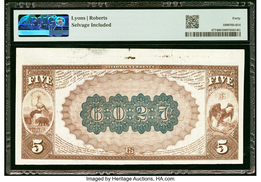 image for: Low Serial Number 9 Imperial, CA - $5 1882 Brown Back Fr. 477 The First National Bank Ch. # 6027 PMG Extremely Fine 40....