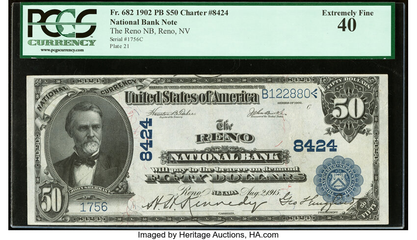 image for: Reno, NV - $50 1902 Plain Back Fr. 682 The Reno National Bank Ch. # 8424 PCGS Extremely Fine 40....
