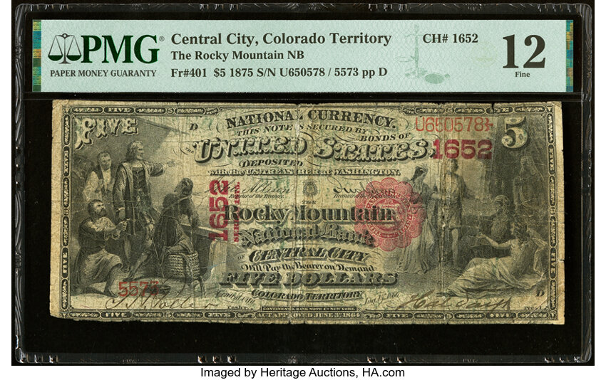 image for: Central City, CO - $5 1875 Fr. 401 The Rocky Mountain National Bank Ch. # 1652 PMG Fine 12....