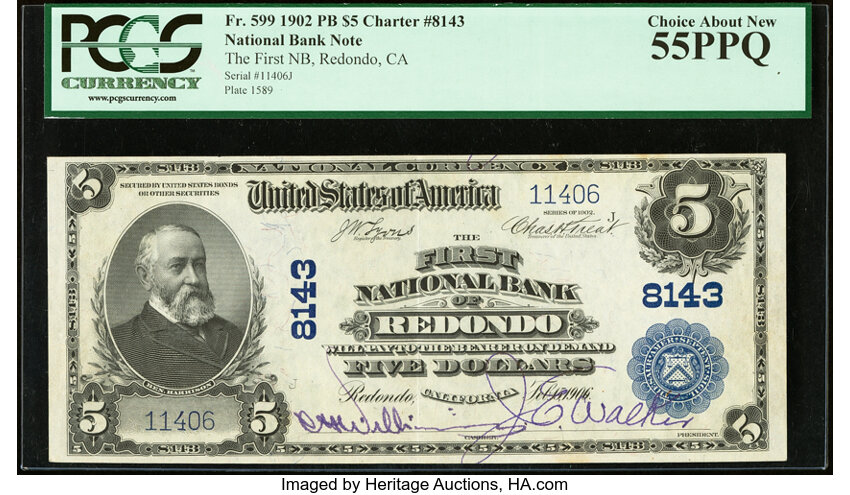 image for: Redondo, CA - $5 1902 Plain Back Fr. 599 The First National Bank Ch. # 8143 PCGS Choice About New 55PPQ....