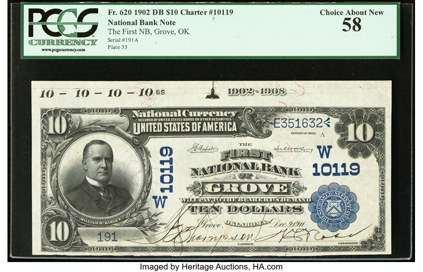 image for: Grove, OK - $10 1902 Date Back Fr. 620 The First National Bank Ch. # (W)10119 PCGS Choice About New 58....