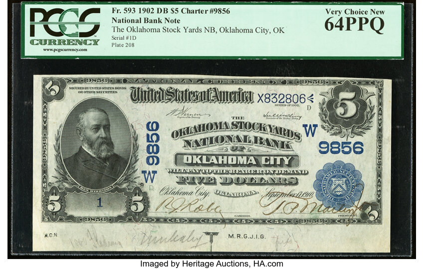image for: Serial Number 1 Oklahoma City, OK - $5 1902 Date Back Fr. 593 The Oklahoma Stock Yards National Bank Ch. # (W)9856 PCGS Very C...