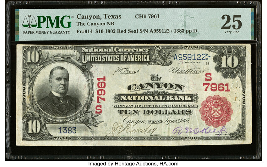 image for: Canyon, TX - $10 1902 Red Seal Fr. 614 The Canyon National Bank Ch. # (S)7961 PMG Very Fine 25....