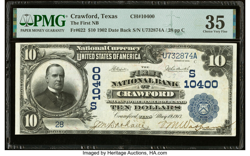 image for: Crawford, TX - $10 1902 Date Back Fr. 622 The First National Bank Ch. # (S)10400 PMG Choice Very Fine 35....