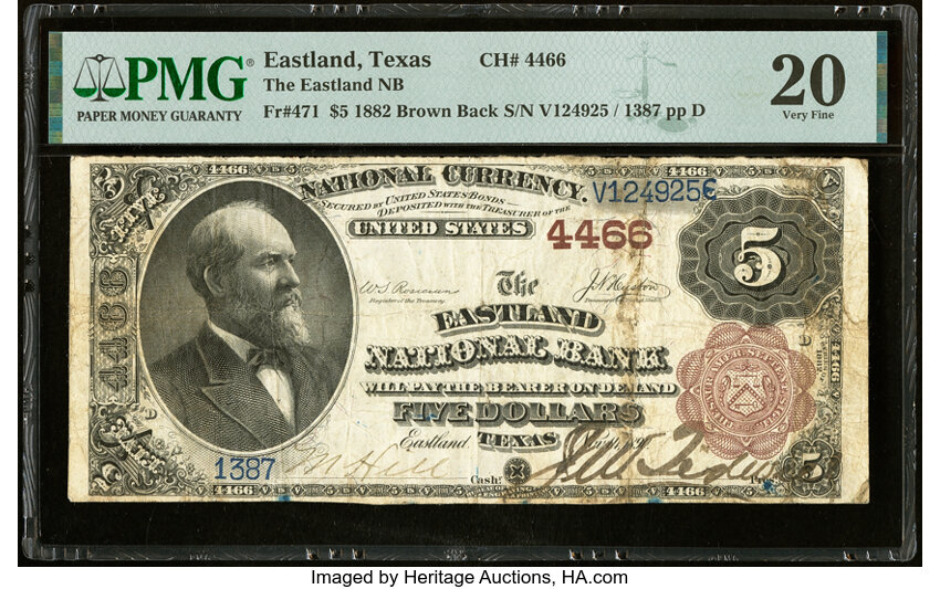 image for: Eastland, TX - $5 1882 Brown Back Fr. 471 The Eastland National Bank Ch. # 4466 PMG Very Fine 20....