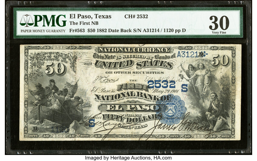 image for: El Paso, TX - $50 1882 Date Back Fr. 563 The First National Bank Ch. # (S)2532 PMG Very Fine 30....
