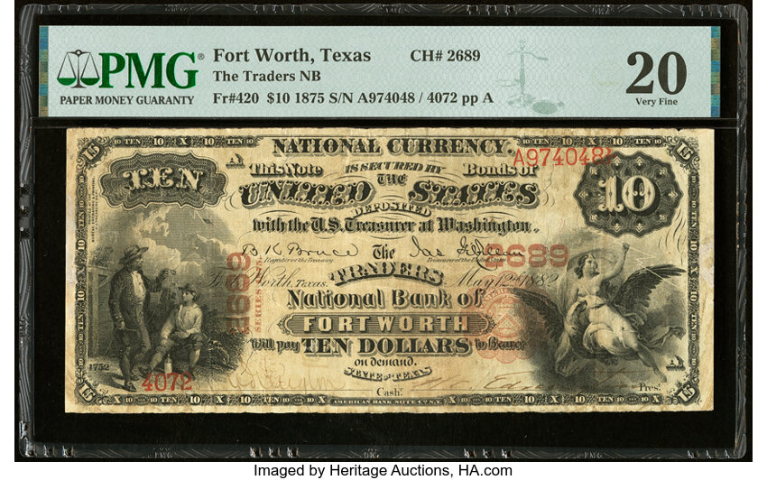 image for: Fort Worth, TX - $10 1875 Fr. 420 The Traders National Bank Ch. # 2689 PMG Very Fine 20....
